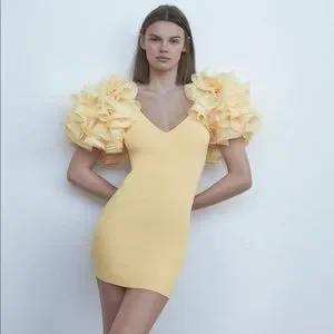 Zara | Dresses | Zara Yellow Knit Mini Dress Organza Ruffle